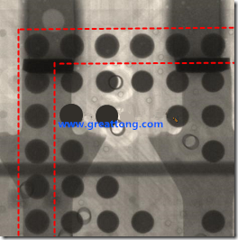 BGA錫球尺寸小于0.4mm，采用降低BGA內(nèi)圍襲球的錫膏量所得到X-Ray，稍微留意一下可以發(fā)現(xiàn)最外圈的錫量(圓的直徑)比其他內(nèi)圍的錫球上的錫量來得多一點(diǎn)點(diǎn)。也就是外圈的黑色圓形直徑比內(nèi)圈的圓形來得大一點(diǎn)點(diǎn)。