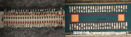 把板對(duì)板連接器與其電路板的佈線焊墊作一個(gè)比較，端子的切斷面有毛邊的地方剛好對(duì)到了裸銅區(qū)。