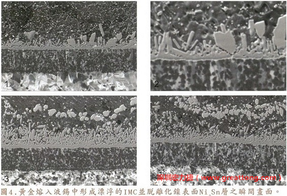 下面四張圖片為放大4500倍的SEM圖像，說明在回流焊爐熱量不足的情況下，黃金成份正要從鎳層分離融入焊錫之中的瞬間，當(dāng)零件遭受外力沖擊的時候就極有可能從這一整排AuSn、、AuSn2或AuSn4的IMC處裂開。
