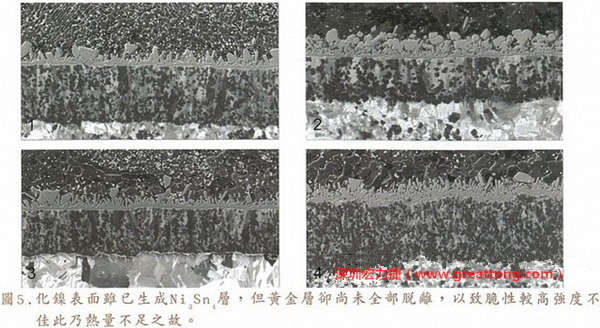 下面四圖顯示，當(dāng)焊接的熱量不足或未持續(xù)時，雖然Ni3Sn4的薄薄IMC層已經(jīng)生成而焊牢，但也會因?yàn)锳uSn及AuSn2還未來得及逸走，而停留在共金介面附近，當(dāng)有外力拉扯的時候，就很容易斷裂開來。這就是為何ENIG的焊點(diǎn)強(qiáng)度，始終不如銅面焊點(diǎn)(Cu6Sn5)來得更為牢固的主因之一。