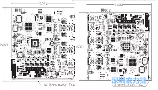 如圖7所示是使用不同數(shù)量邊條的拼板，拼板1僅使用了一個邊條，直接利用PCB另一邊作為SMT工藝傳送邊，并且PCB圖形中有合適的安裝孔；而拼板2則是按常規(guī)設(shè)計了兩個邊條。拼板方式為連接筋。圖中“Breakaway Tab”指邊條-深圳宏力捷