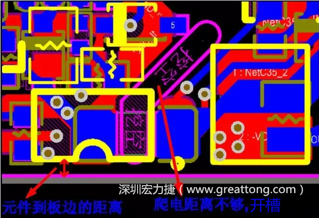 如果碰到模塊PCB空間有限，爬電距離不夠，可以采用開槽的方式