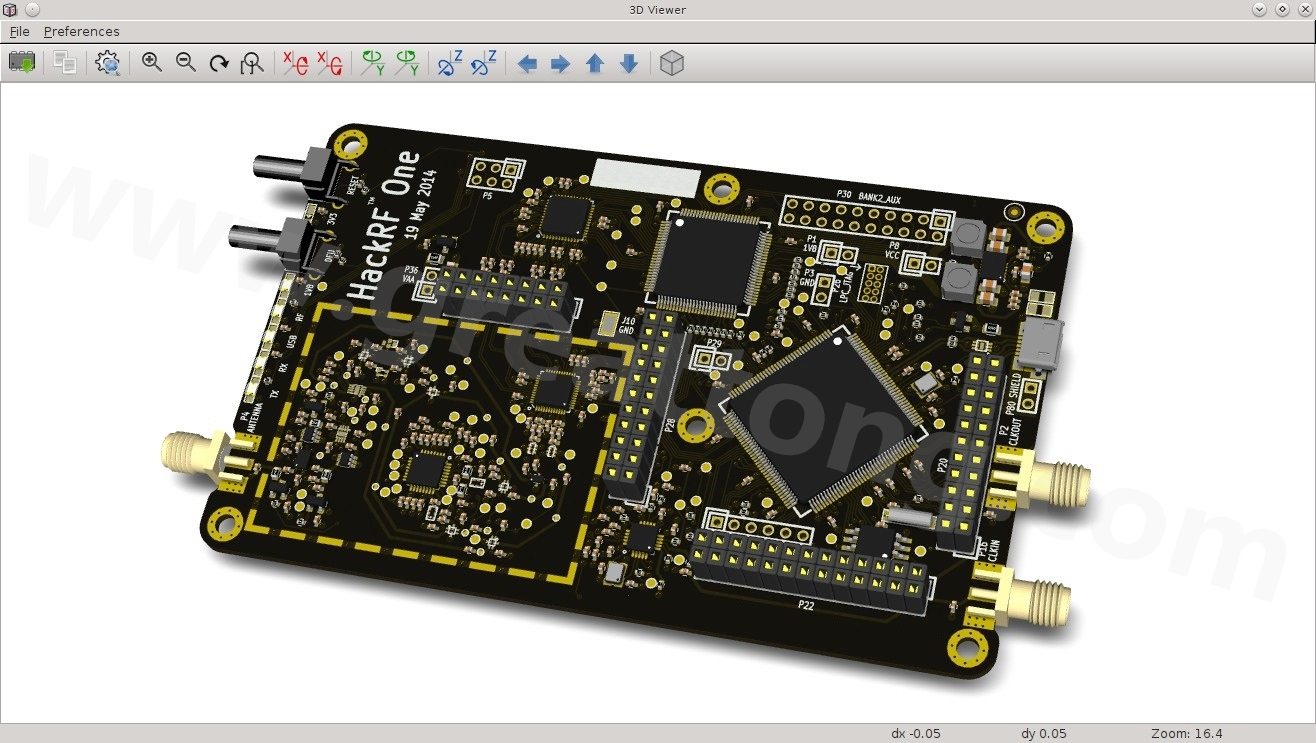 經(jīng)KiCad軟體3D功能渲染過的HackRF One電路板。