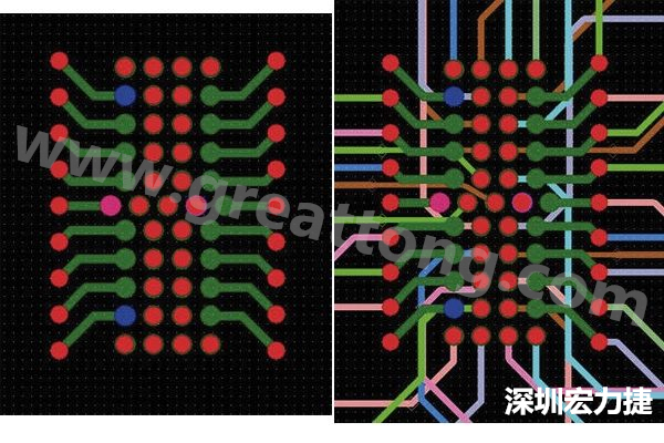 圖7：焊盤內過孔用于內部，而外部接腳在0.5mm閘格上扇出。圖7a顯示的是頂層(左)；圖7b顯示頂層和內部布線層(右)。