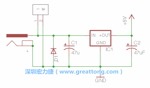 2.5.    新增一個(gè)二極體，它會以水平的狀態(tài)出現(xiàn)在屏幕上，請使用「旋轉(zhuǎn)（Rotate）」工具把它負(fù)極那一面朝上，并且用「網(wǎng)絡(luò)連接」工具將它連接在電壓調(diào)整器的輸入端和接地端之間。
