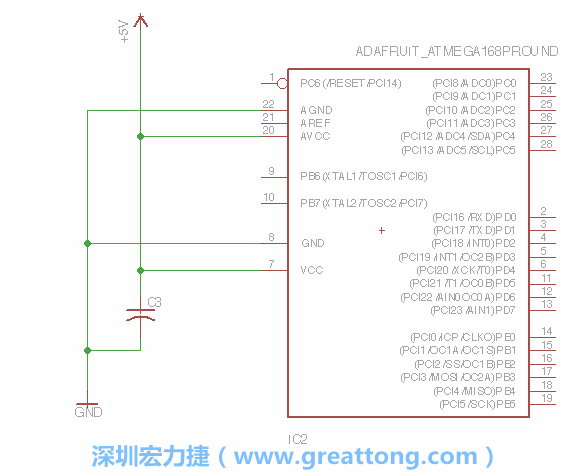 3.1.    新增微控制器晶片（RBBB → ATmega），把它放在電路原理圖的中央附近，把它的兩個(gè)接地接頭連接到接地訊號(hào)端。