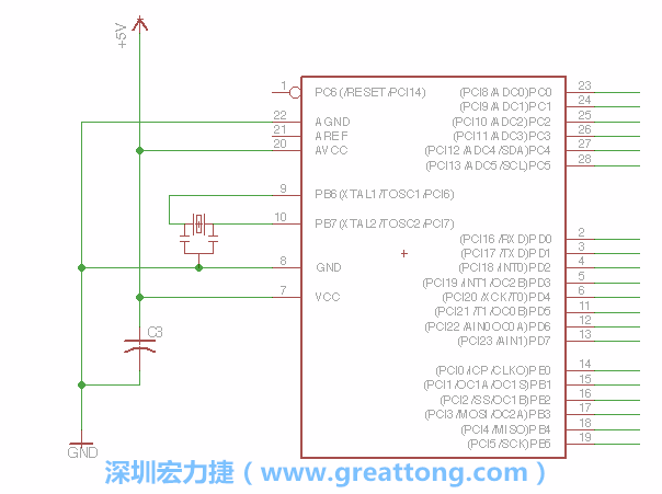 3.2.    在靠近ATmega的電源供應(yīng)針腳7的位置放置一個(gè)0.1μF的電容，將它分別連接電源、接地端和針腳7。