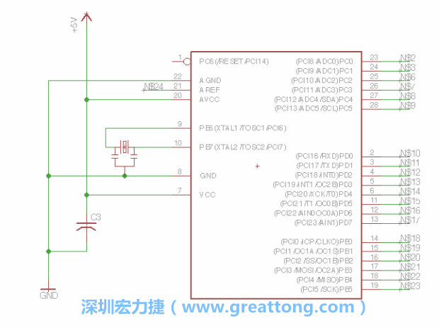 3.3.    將共鳴器（resonator）放置在針腳9和針腳10附近，將它的三個(gè)針腳連接如圖所示，并確認(rèn)最中間的針腳有連到接地端。