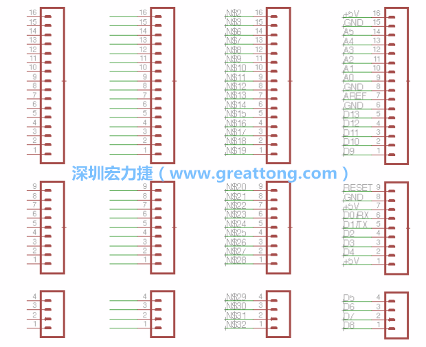 3.5.    你會(huì)發(fā)現(xiàn)EAGLE會(huì)給每條信號(hào)線都內(nèi)建一個(gè)標(biāo)簽，例如：N$2?，F(xiàn)在請(qǐng)使用「命名（Name）」工具來(lái)為這些信號(hào)線重新命名，并使它們符合ATmega的針腳名稱。