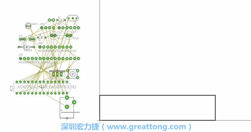 第一次執(zhí)行布線編輯器時，你會發(fā)現(xiàn)有兩個區(qū)塊，左邊的區(qū)塊非?；靵y，而右邊的區(qū)塊則是一個長方形的工作區(qū)域，EAGLE免費版會限制你的工作區(qū)域在4” x 3.2”的范圍內，如果你試圖將元件擺放在工作區(qū)外的話，就會跳出警示訊息。