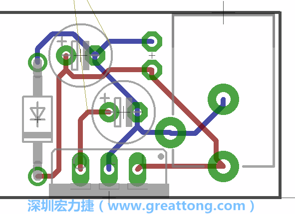 接地連結點的布線情形如下圖所示，利用這個練習來避免電路連線銳角化的產生是一個不錯的選擇，你可以在工具列中的彎曲線路（Wire Bend）選項里改變各種布線的變化。