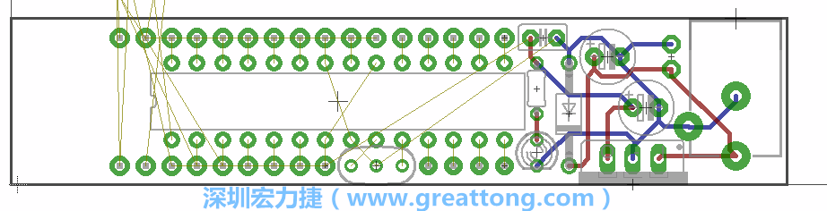 將ATmega微控制器、三個GPIO排針（JP2, JP3, JP4）和諧振器（resonator）排置如上圖所示。