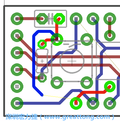 要在電路板正面進行+5V信號線連結和其他連結點的布線工作是非常容易的，而重置信號線（信號線用來連結電路板正面左邊的重置開關）需要經過一個可以通過電路板正反兩面的電路通道，這個通道是一個可以讓電路板正反兩面線路連接的一個小孔。