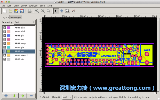 將圖層匯入你的Gerber預(yù)覽工具內(nèi)（下圖為Gerbv），我通常會(huì)從上到下重新排列它們的順序，好讓我比較好校對(duì)：
