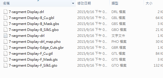 所謂Gerber檔，其實是包含一群檔案 (如下圖所示)，如包含正反面銅箔層 F.Cu B.Cu.，正反面文字面 F.Silkscreen ，B.Silkscreen，防焊層 SolderMask、板邊裁切Edge.Cuts 等。