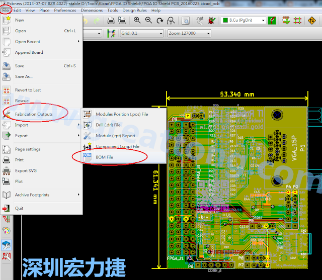 在Kicad的PCB Editor, 點(diǎn)選 File->Fabrication Outputs->BOM File, 即可產(chǎn)生一個(gè) .csv 的Excel 檔案。