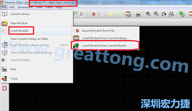 進入Module Editor去載入其他Footprint(Module)進來， 從目前的Active library (不過要先選取一個Current library ) 載入Module 或從目前正在編輯的PCB載入Module。