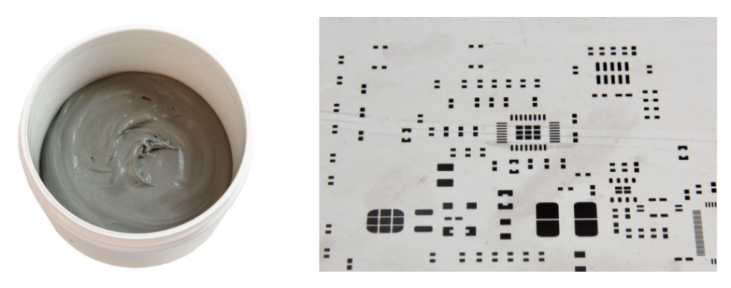焊膏（左），PCB模板激光切割孔（右）